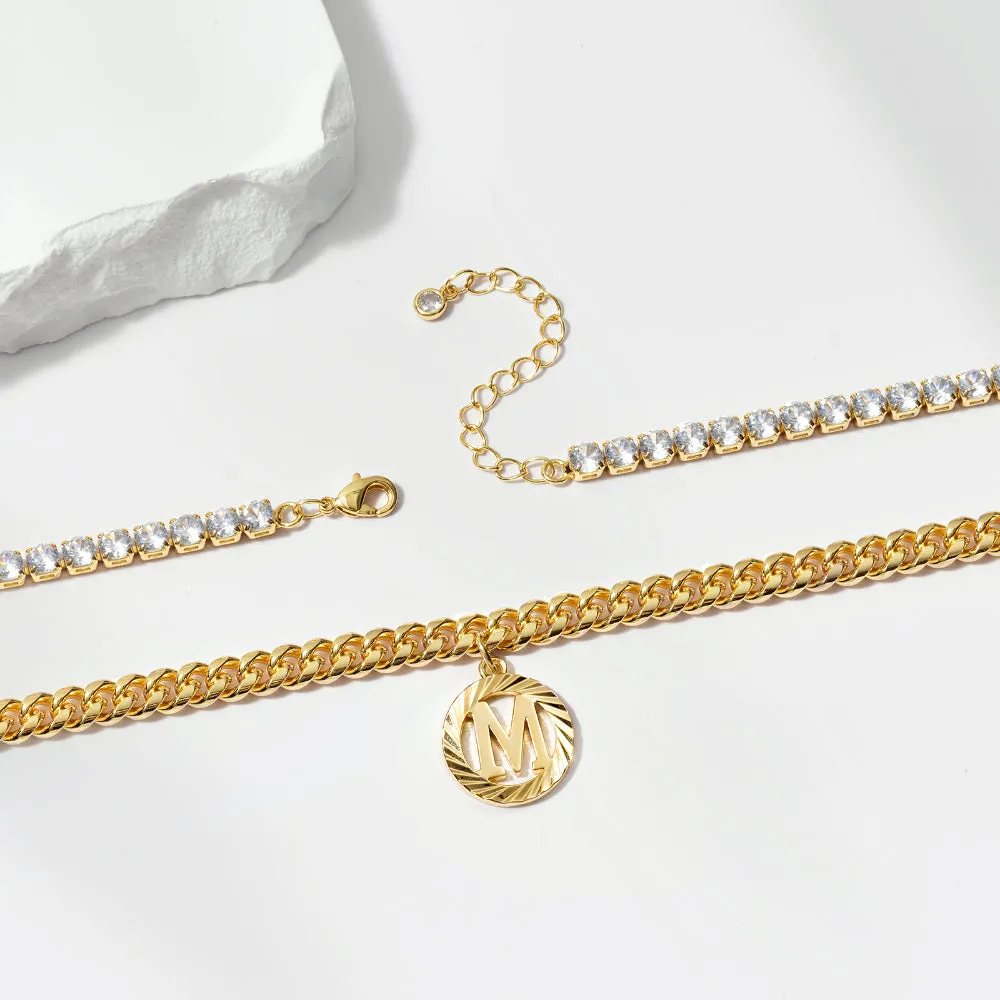 14K Dainty Initial letter Anklets Layering with CZ Tennis Chain