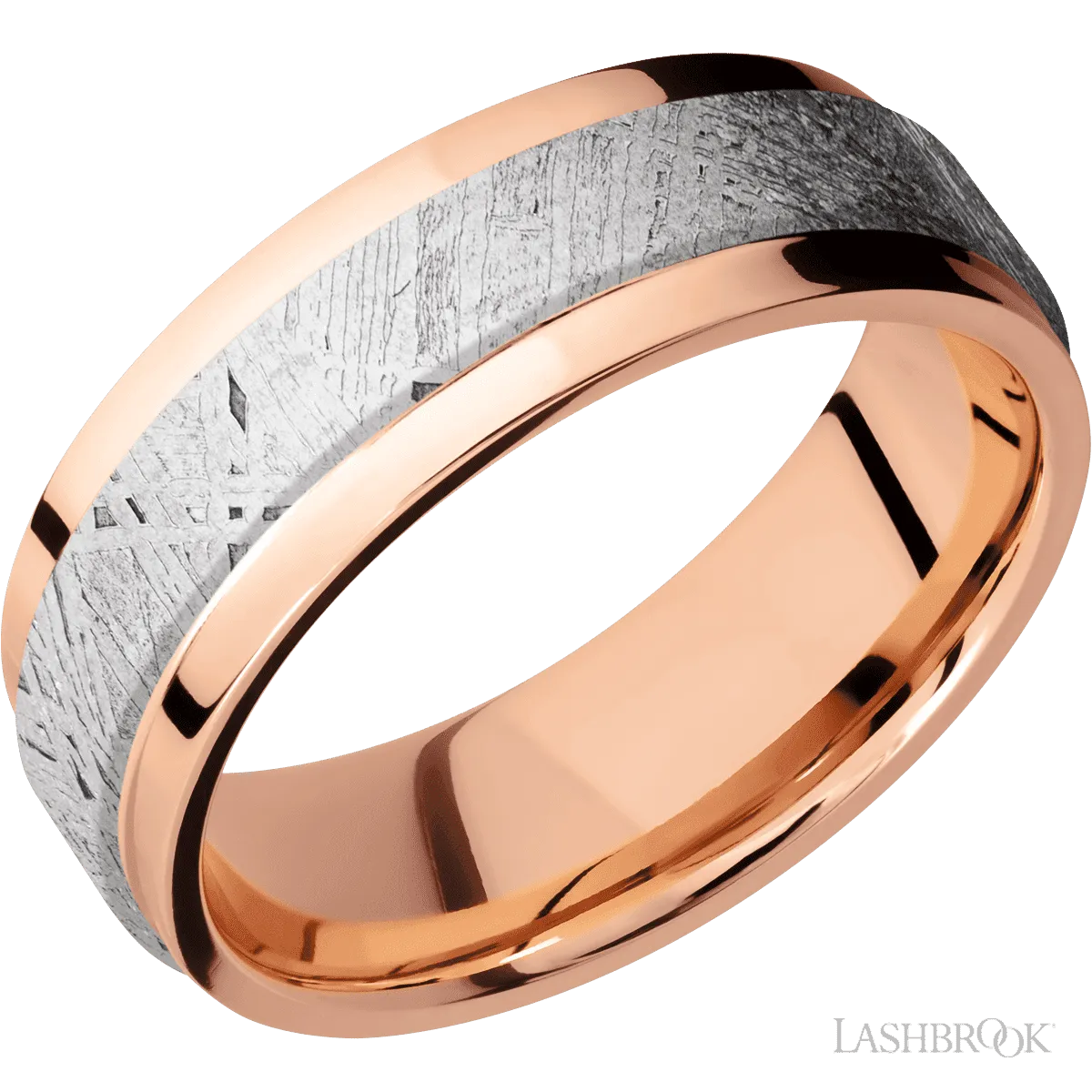 14K Rose Gold Band with Polish Finish and Raised Centered Meteorite Inlay - 7MM