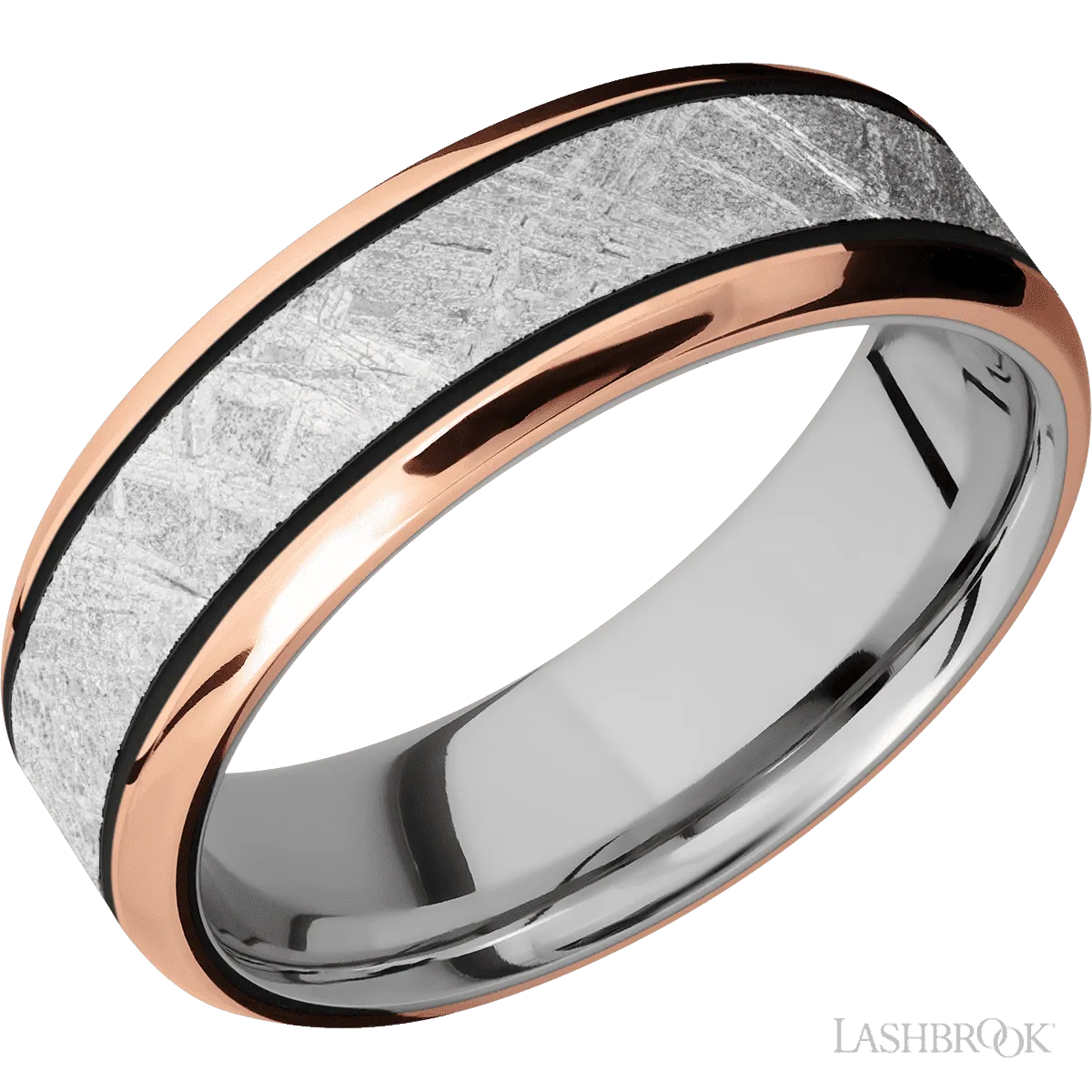 14K Rose Gold with Polish , Polish Finish and Meteorite Inlay and 14K White Gold - 7MM