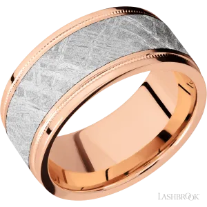 14K Rose Gold with Satin , Polish Finish and Meteorite Inlay - 10MM