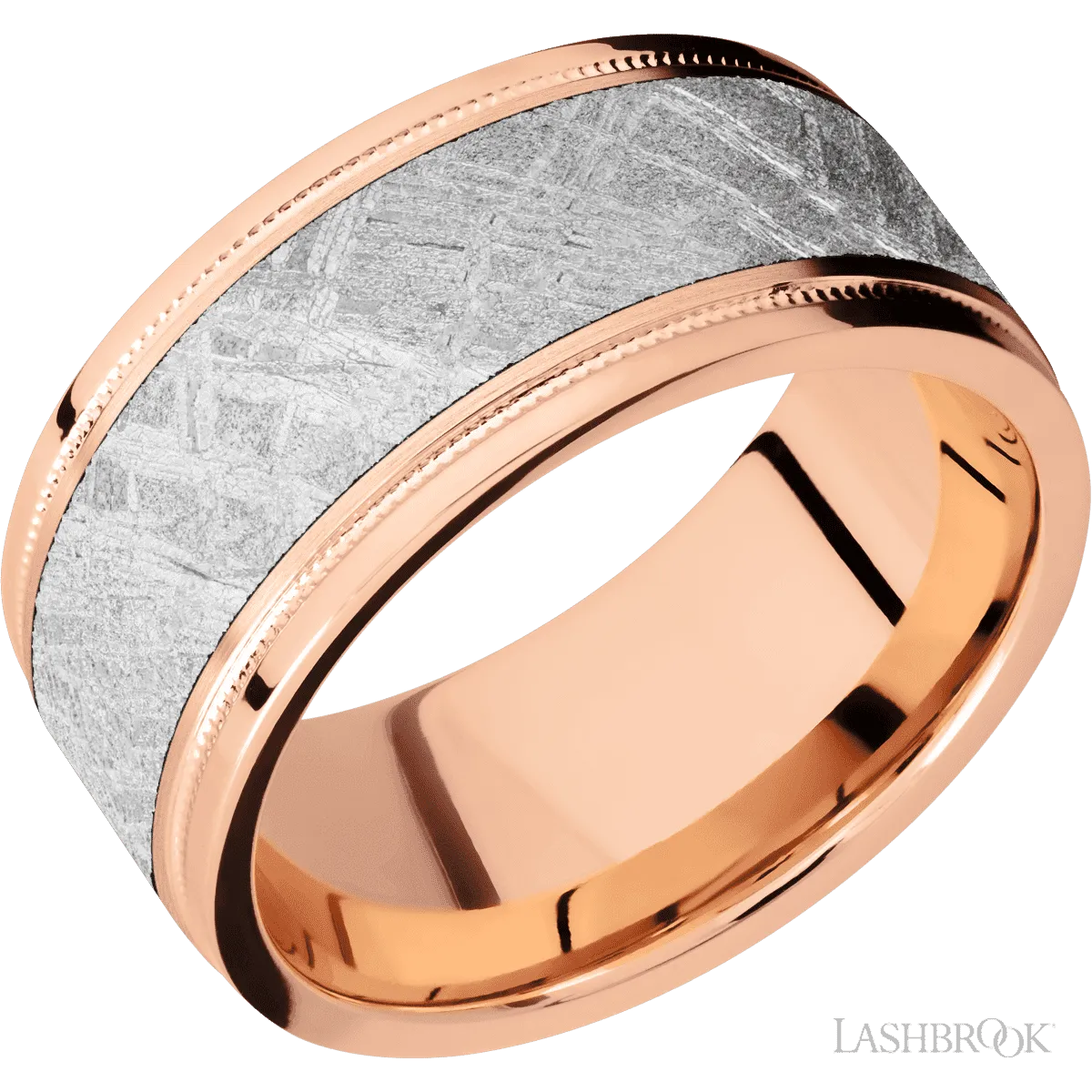 14K Rose Gold with Satin , Polish Finish and Meteorite Inlay - 10MM