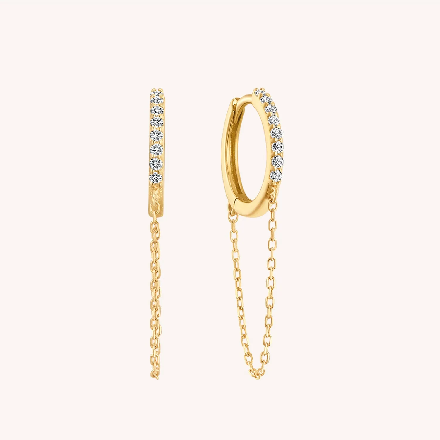 14K Solid Gold Diamond Timeless Hoop Chain Earrings