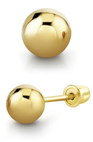 14K Solid Gold Round Ball Stud Earrings Pushback