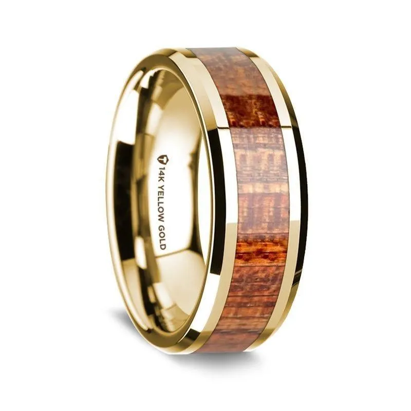 14K Yellow Gold Polished Beveled Edges Men's Wedding Band with Mahogany Wood Inlay - 8 mm