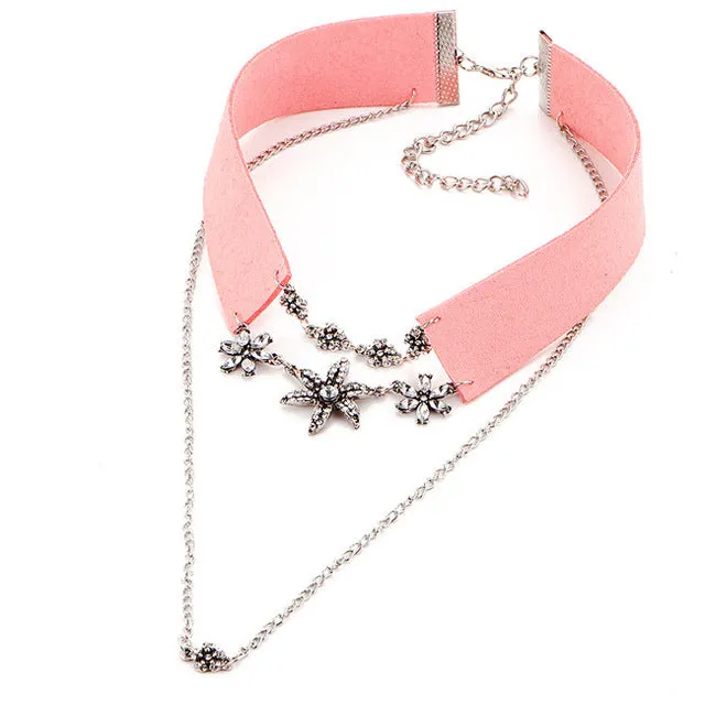 17KM New Fashion Crystal Flower Tattoo Choker Necklace for Women Black and Pink Velvet  Vintage Leather Necklaces Collar Jewelry