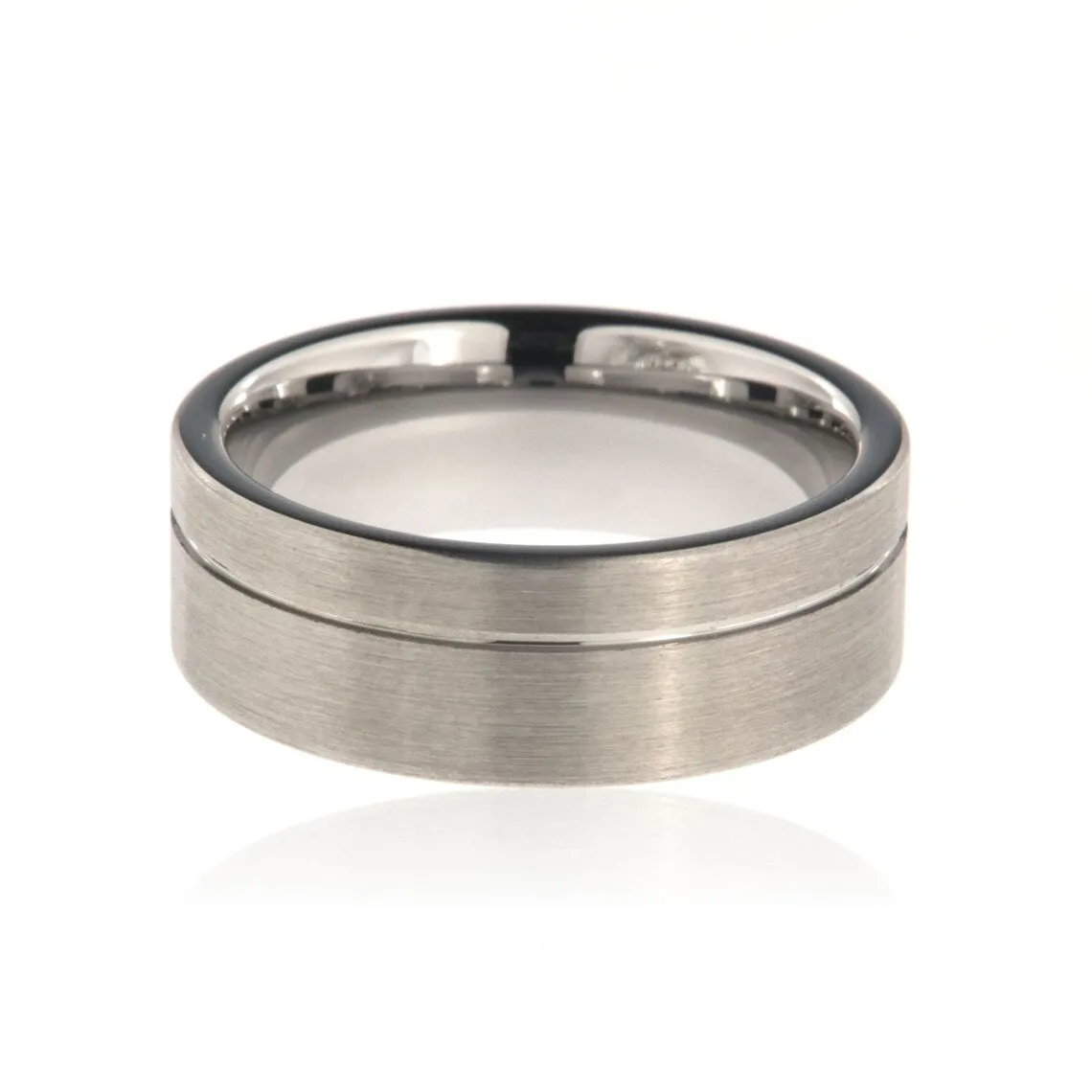 8mm Heavy Tungsten Carbide Men's Grey Ring With Brush Finish And Off Center Groove - FREE Personalization