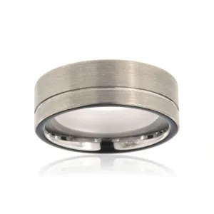 8mm Heavy Tungsten Carbide Men's Grey Ring With Brush Finish And Off Center Groove - FREE Personalization