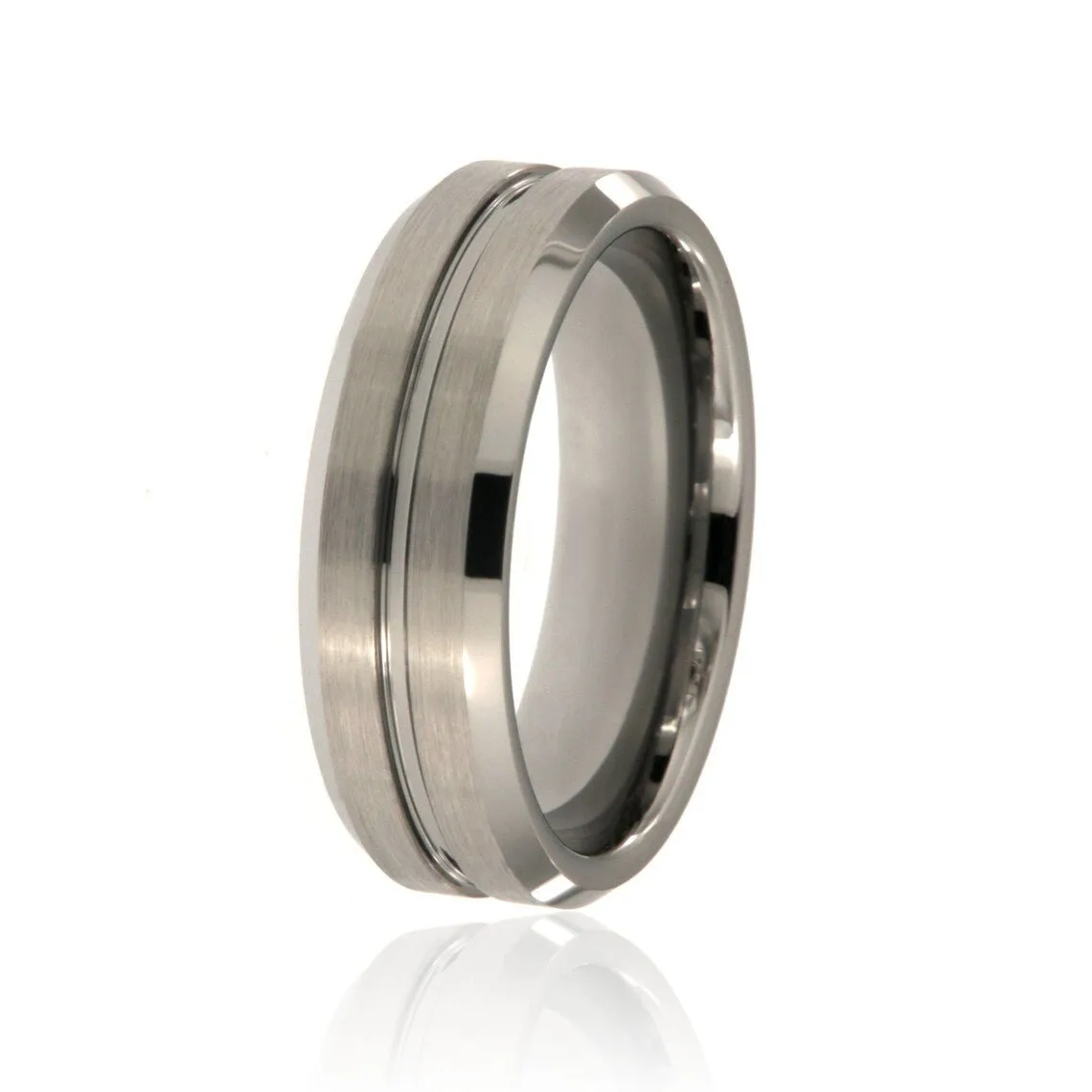 8mm Heavy Tungsten Carbide Men's Ring, Brush Finish With High Polished Beveled Edges And Center Groove - FREE Personalization