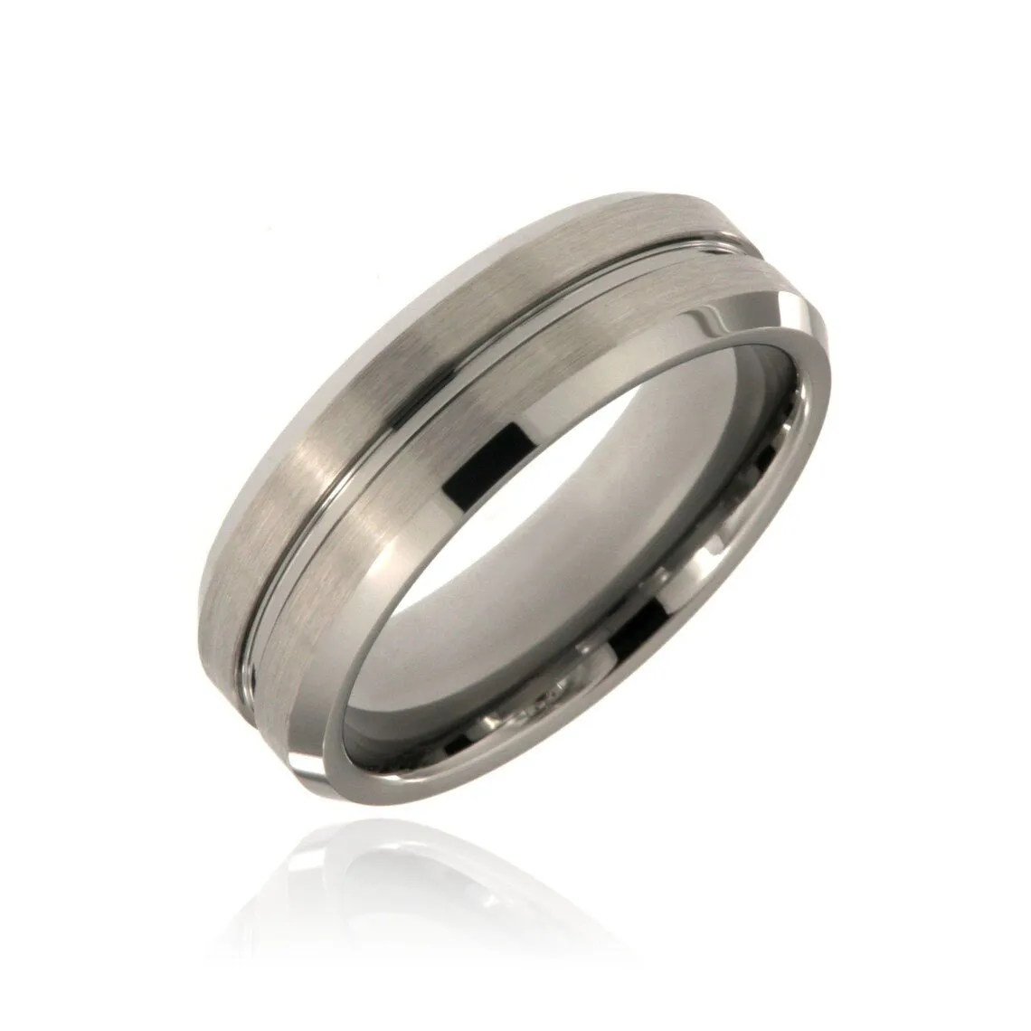 8mm Heavy Tungsten Carbide Men's Ring, Brush Finish With High Polished Beveled Edges And Center Groove - FREE Personalization