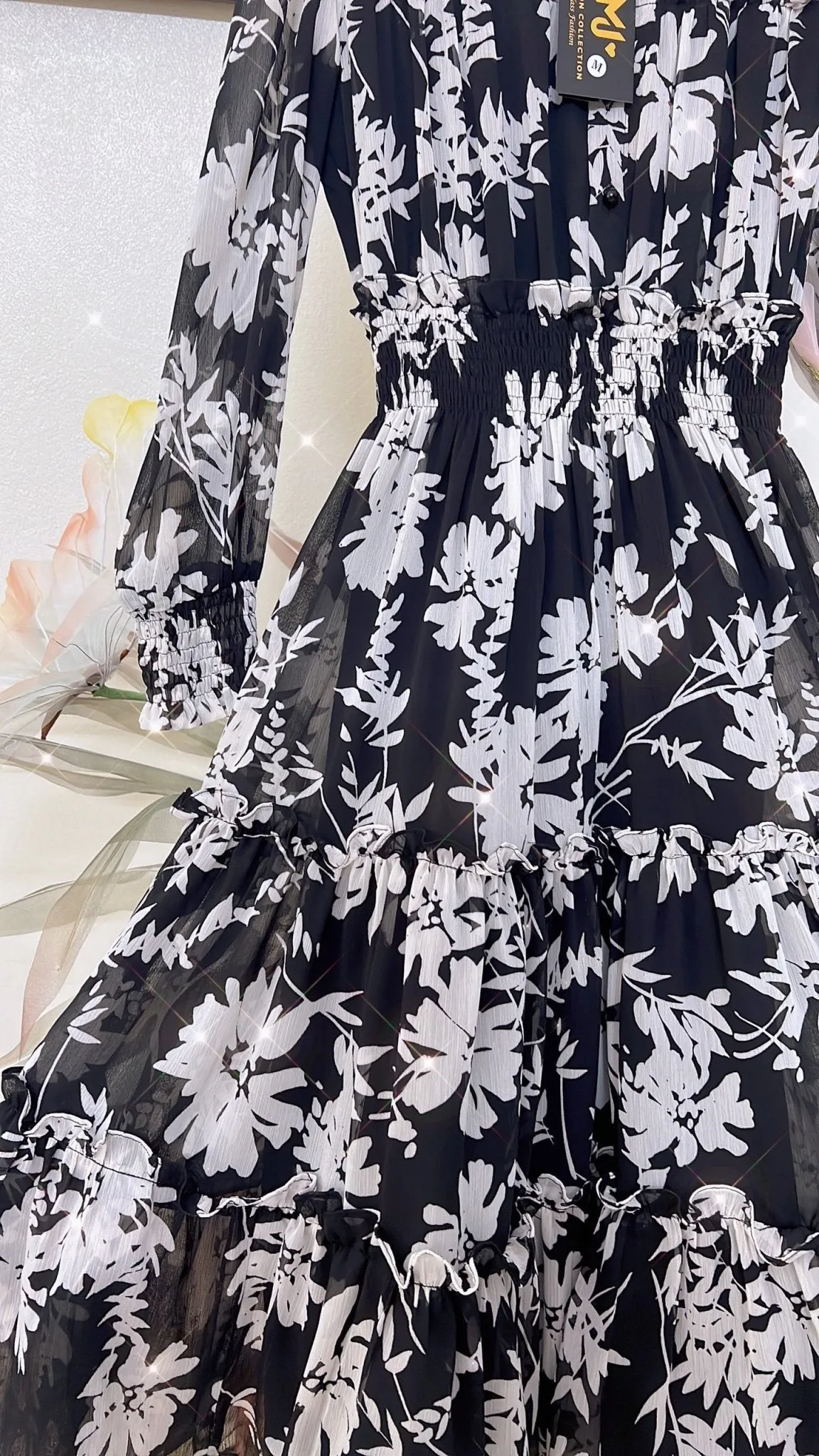 Black Long Sleeve Floral Chiffon Shirt Dress