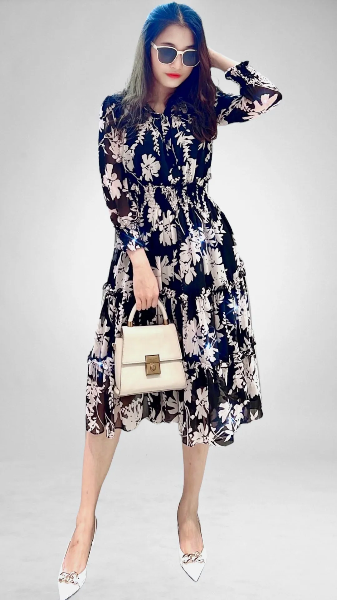 Black Long Sleeve Floral Chiffon Shirt Dress