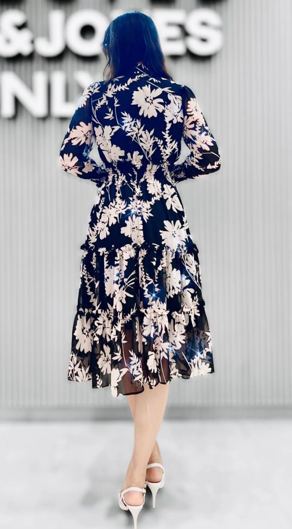 Black Long Sleeve Floral Chiffon Shirt Dress