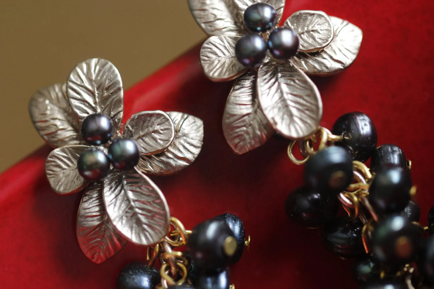 Black Pearl & Bronze Flower Post Long Elegant Drop Earrings, Caviar Earrings