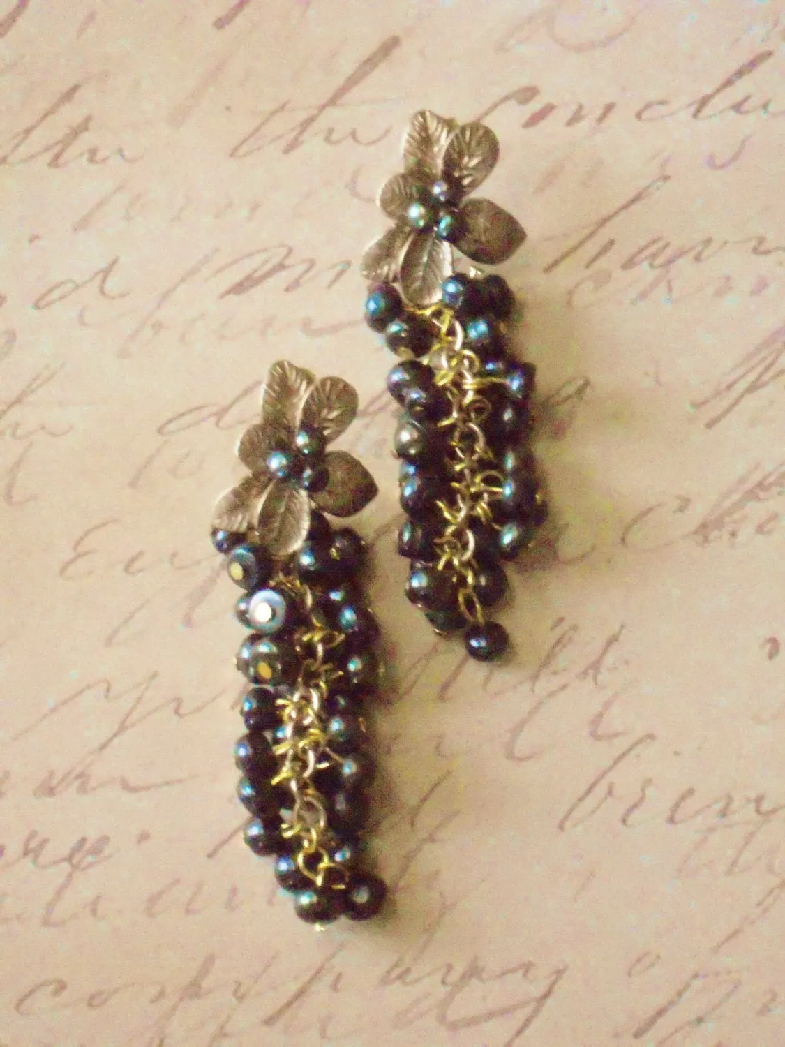 Black Pearl & Bronze Flower Post Long Elegant Drop Earrings, Caviar Earrings