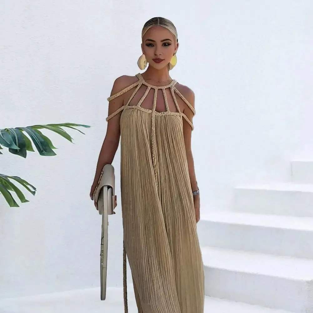 Braided Rope Panel Dress Elegant Off Shoulder Maxi Dress with Braided Straps for Women Solid Color Vacation Beach Sundress