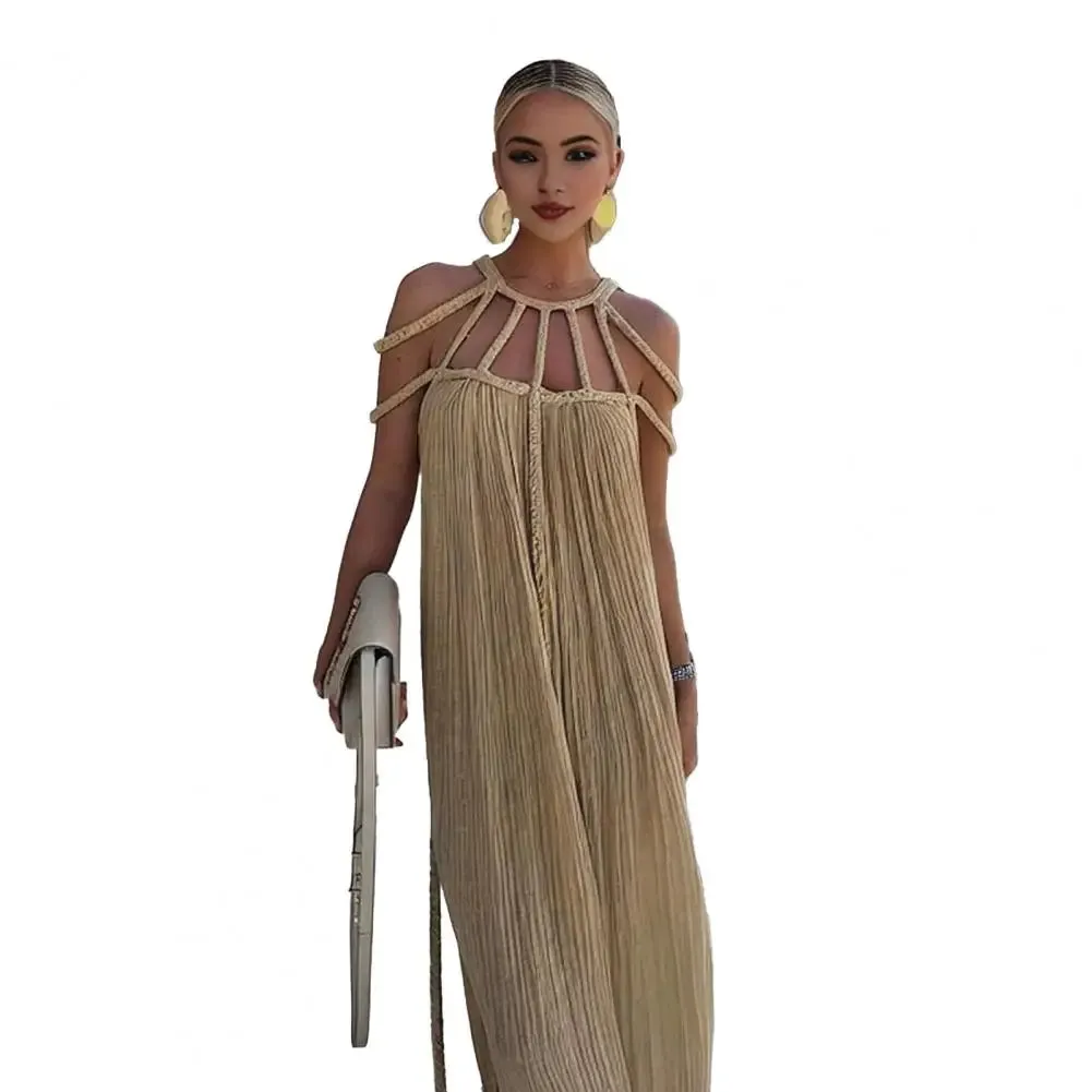 Braided Rope Panel Dress Elegant Off Shoulder Maxi Dress with Braided Straps for Women Solid Color Vacation Beach Sundress