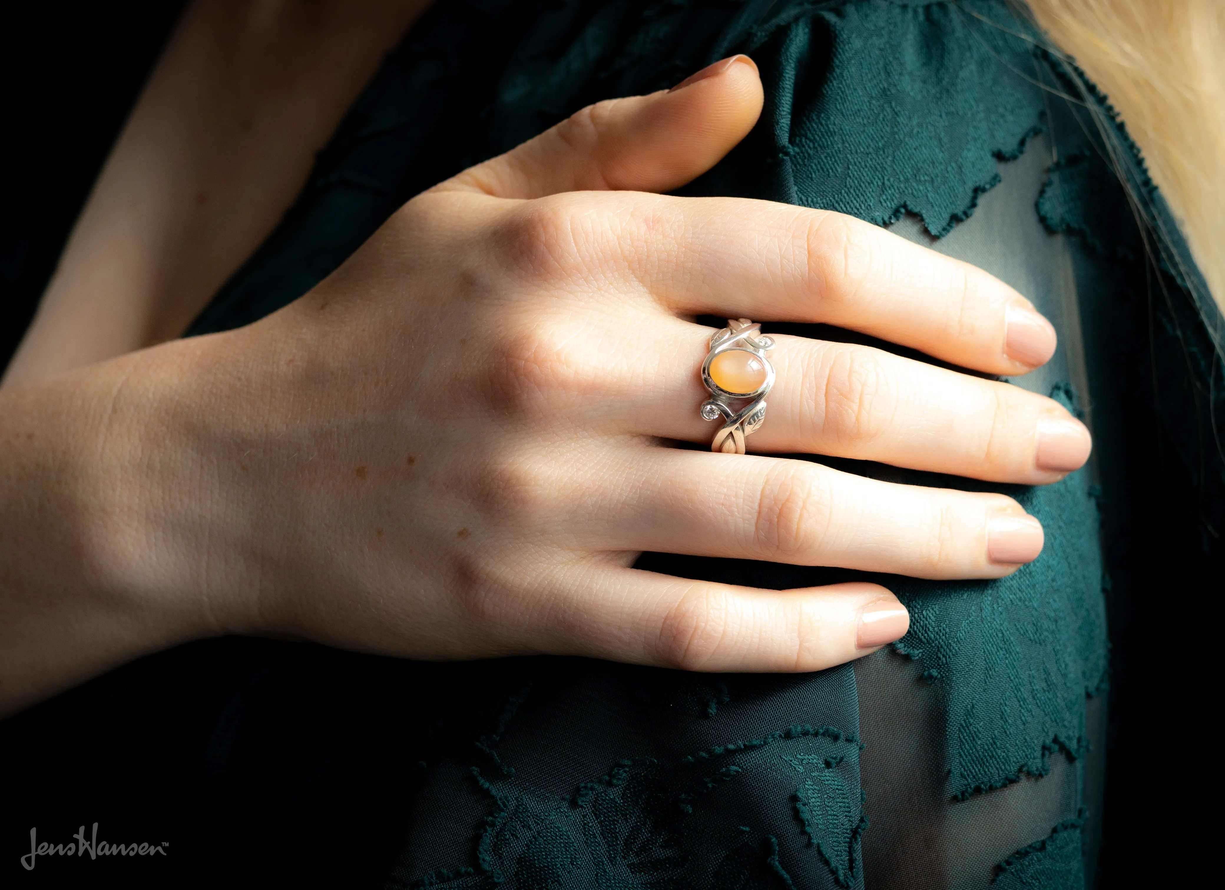 Cabochon Gemstone & Diamond Elvish Vine Ring, Sterling Silver