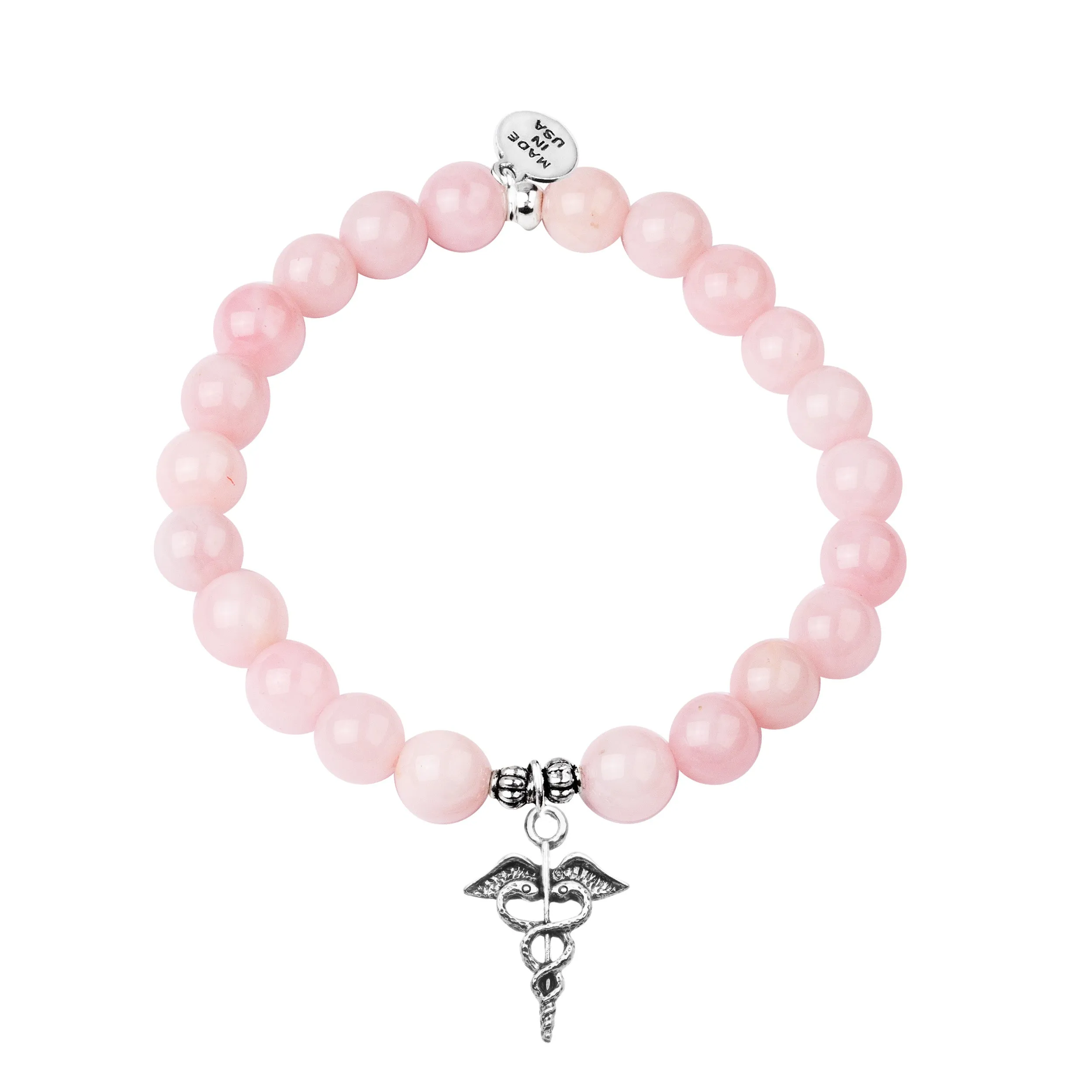 Caduceus (Medical Symbol) | Stone Beaded Charm Bracelet | Rose Quartz