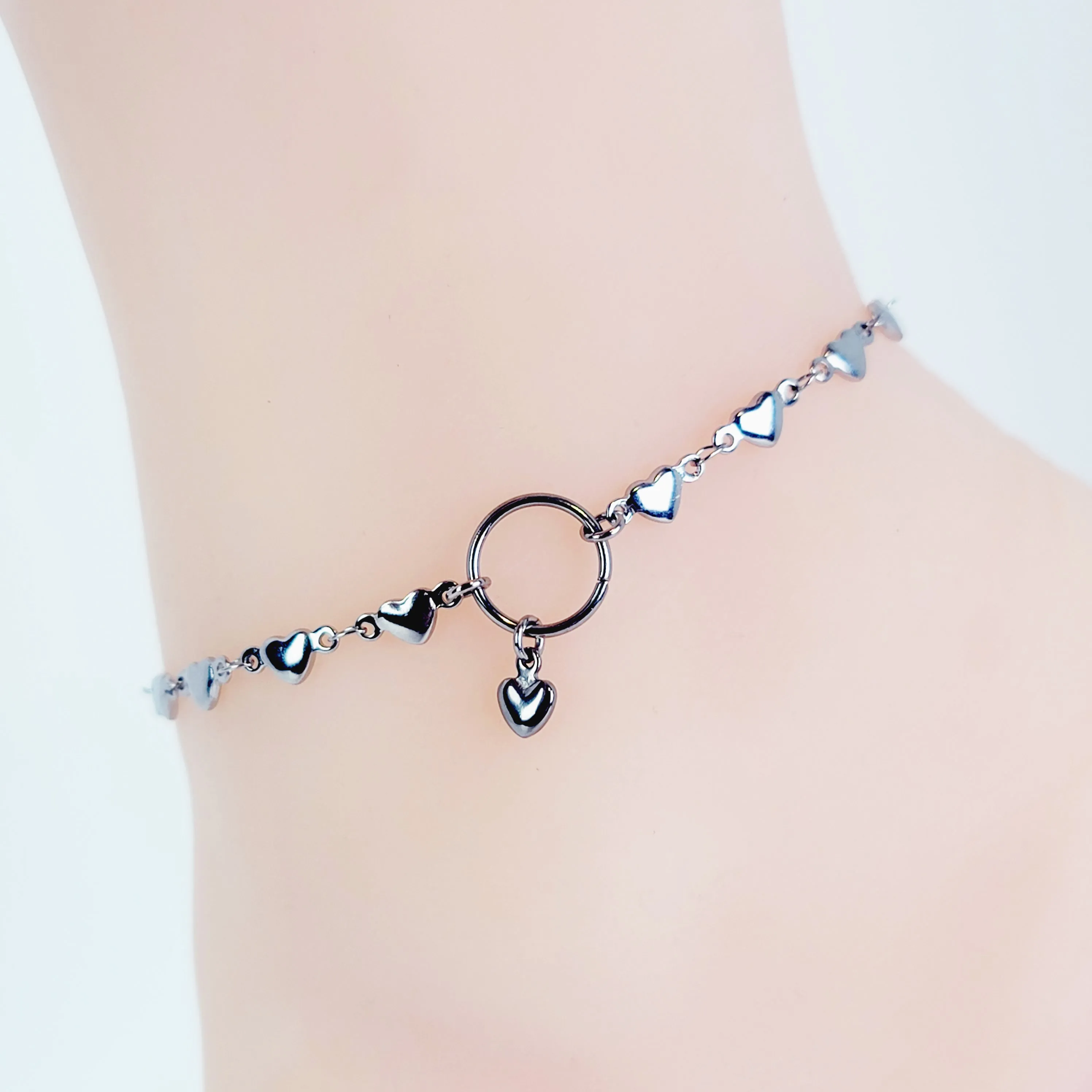 Circle of O Discreet Day Collar Anklet for BDSM Submissive, Stainless Steel Heart Chain. 100% Stainless Steel