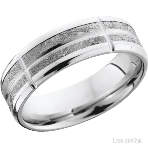 Cobalt Chrome beveled band with a meteorite inlay and grooves - 7MM