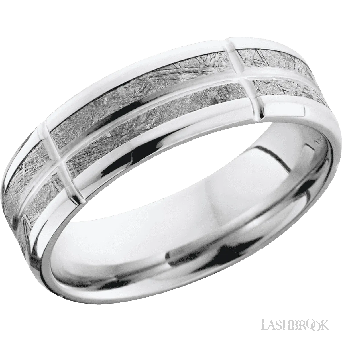 Cobalt Chrome beveled band with a meteorite inlay and grooves - 7MM