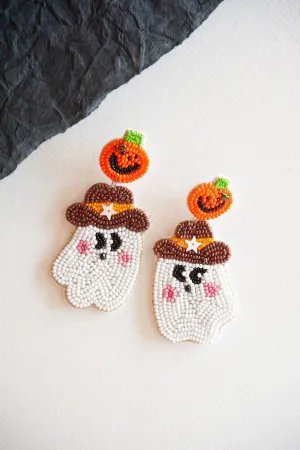 Cowboy Ghost Dangle | Beaded Halloween Ghost and Pumpkin Earring