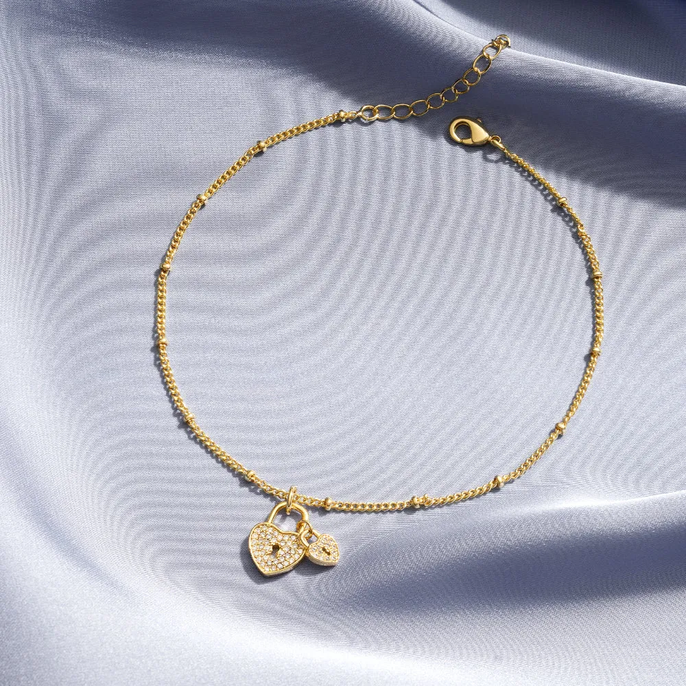 Dainty 14k Gold Plated Adjustable Anklets- Heart Lock