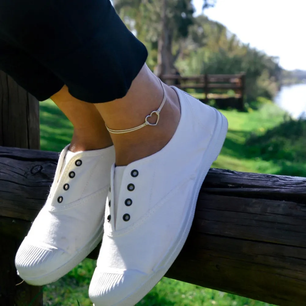 Dainty beige anklet with a silver plated heart charm, custom color