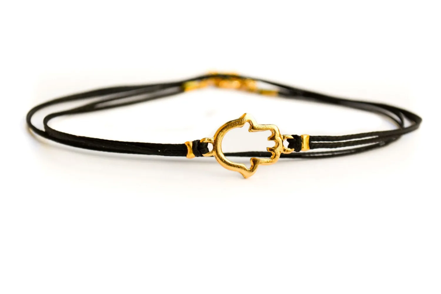 Dainty wrap cord anklet with a gold Hamsa charm