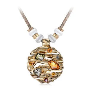 Fashion Jewelry Coffee Gold Zinc Alloy Round Pendant Necklace with Top Crystal Austrian Rhinestone and Opal Stone