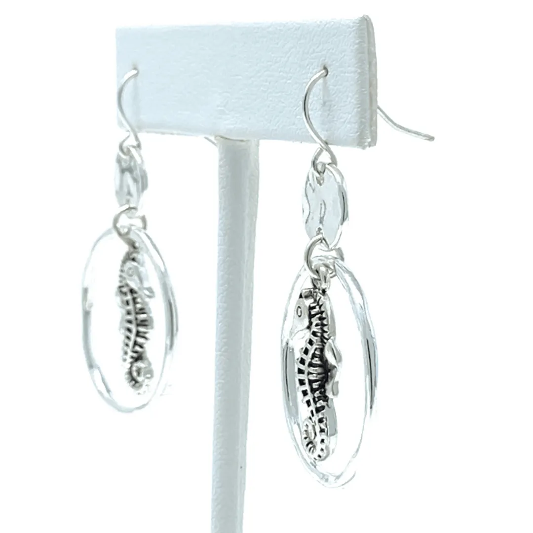 Hammered Circle Hoop Silver Seahorse Earrings