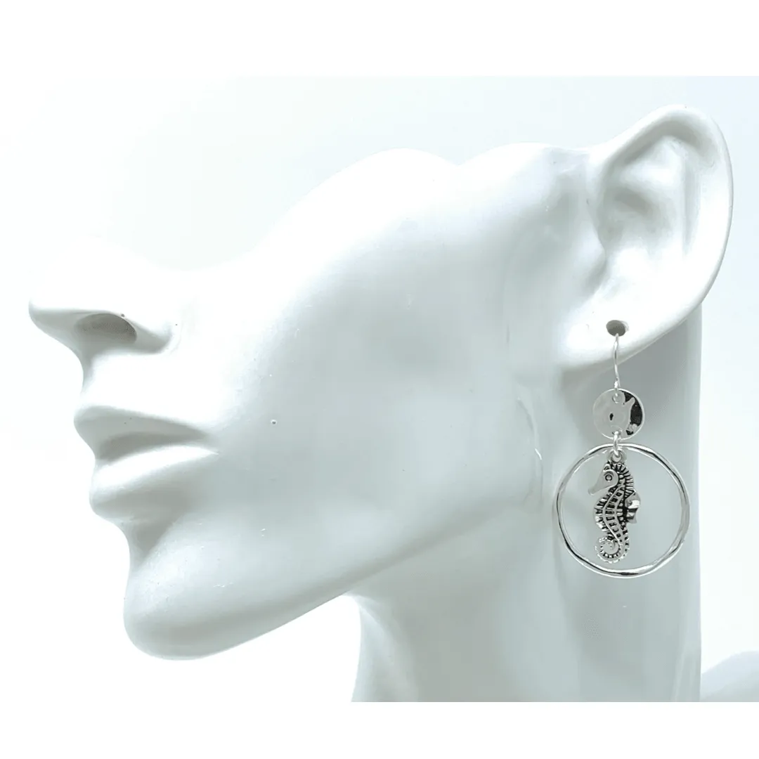 Hammered Circle Hoop Silver Seahorse Earrings