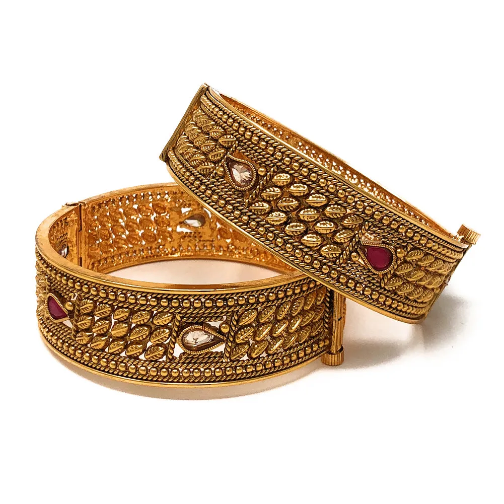 Indian Pakistani Traditional Gold Plated Openable Bridal Party Bangles Set in Red White Zircon For Women by Duel On Jewel