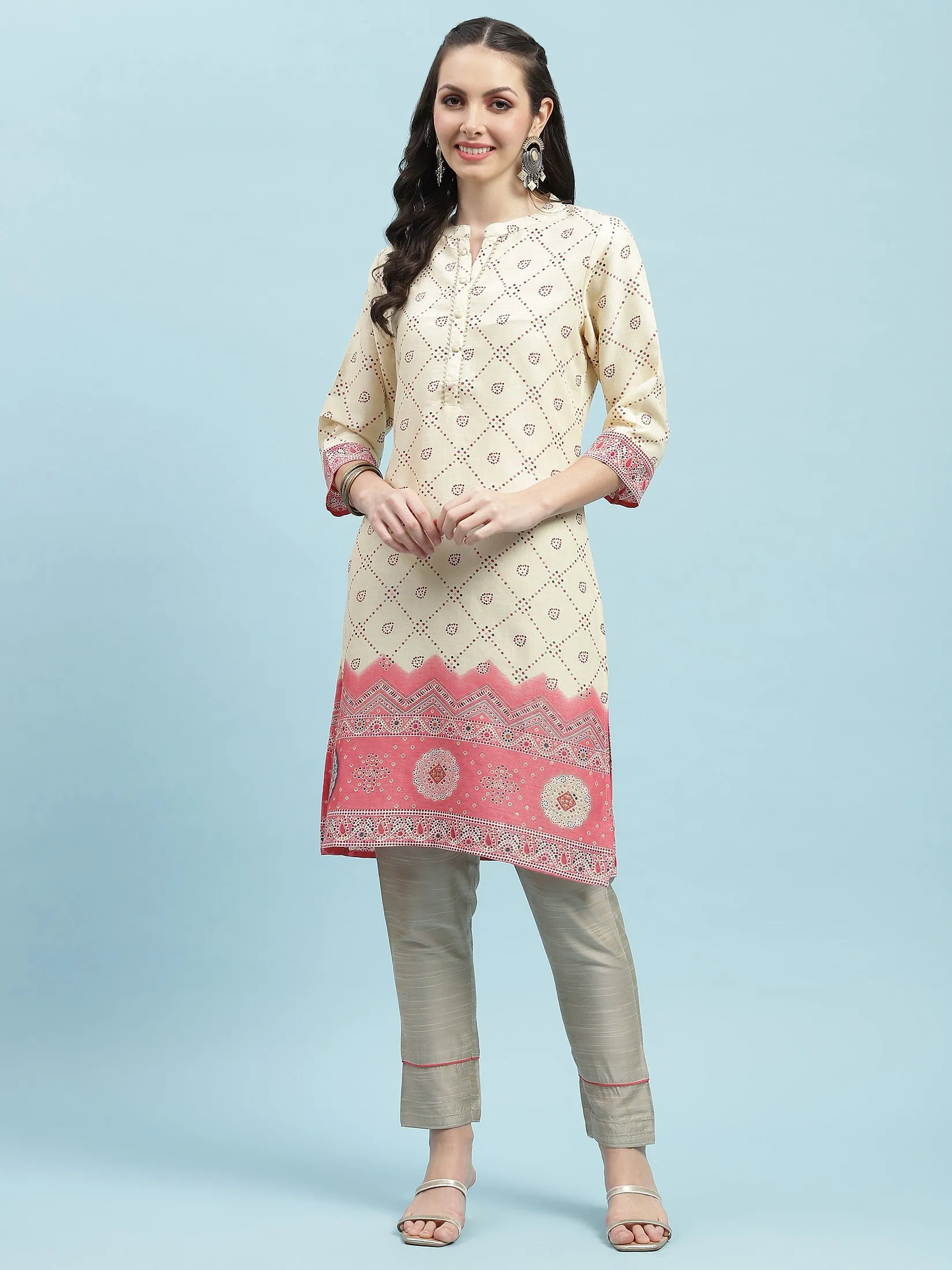 Indiessence Beige Ornamental Printed Kurta