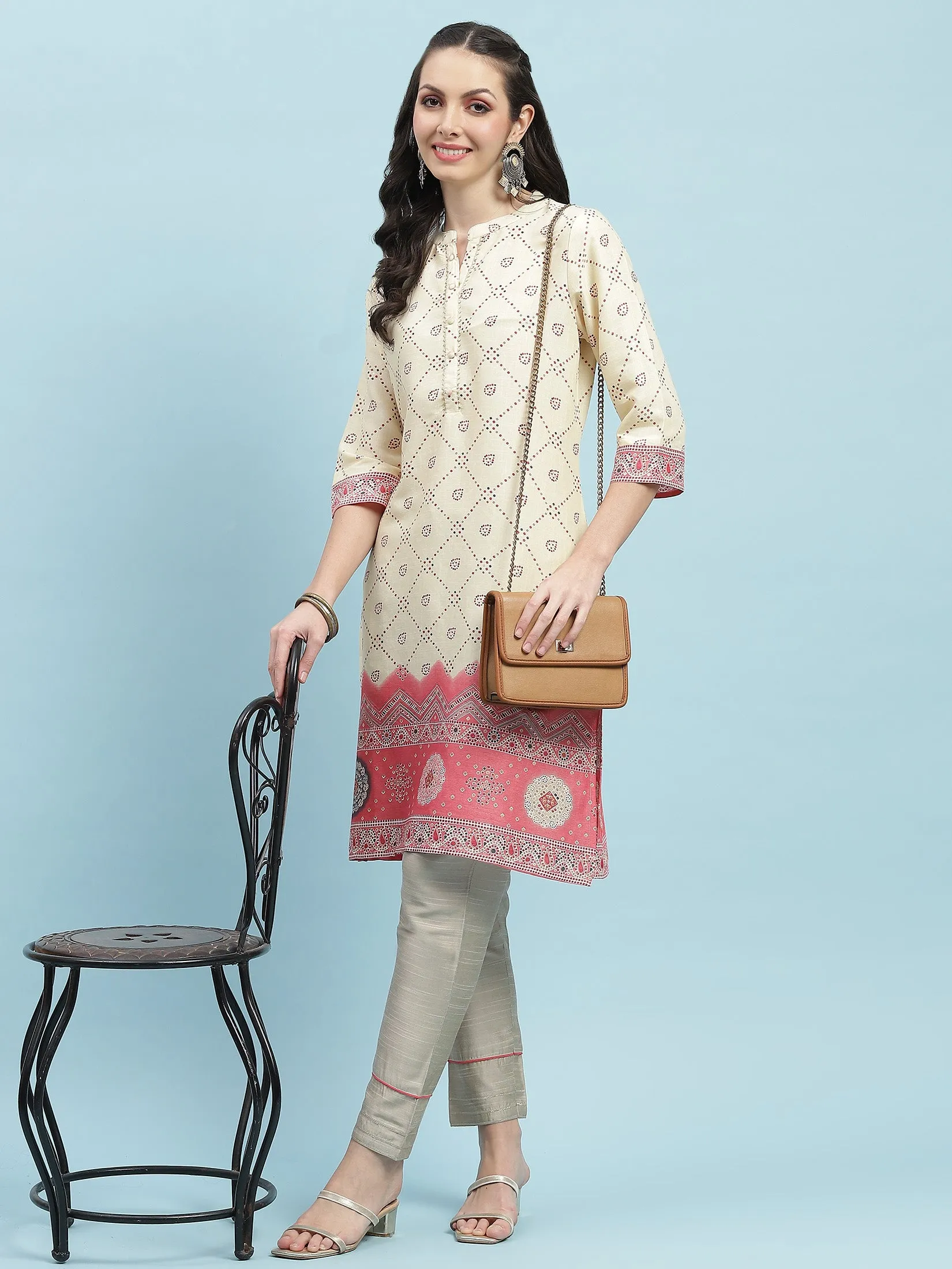 Indiessence Beige Ornamental Printed Kurta