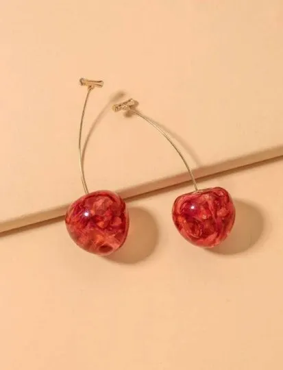 Kawaii - 3D red cherry dangle earrings | fruits dangle earrings | oversize statement | cute kawaii earrings or brooch| burgundy red cherry petals