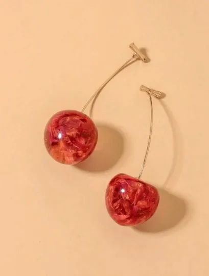 Kawaii - 3D red cherry dangle earrings | fruits dangle earrings | oversize statement | cute kawaii earrings or brooch| burgundy red cherry petals