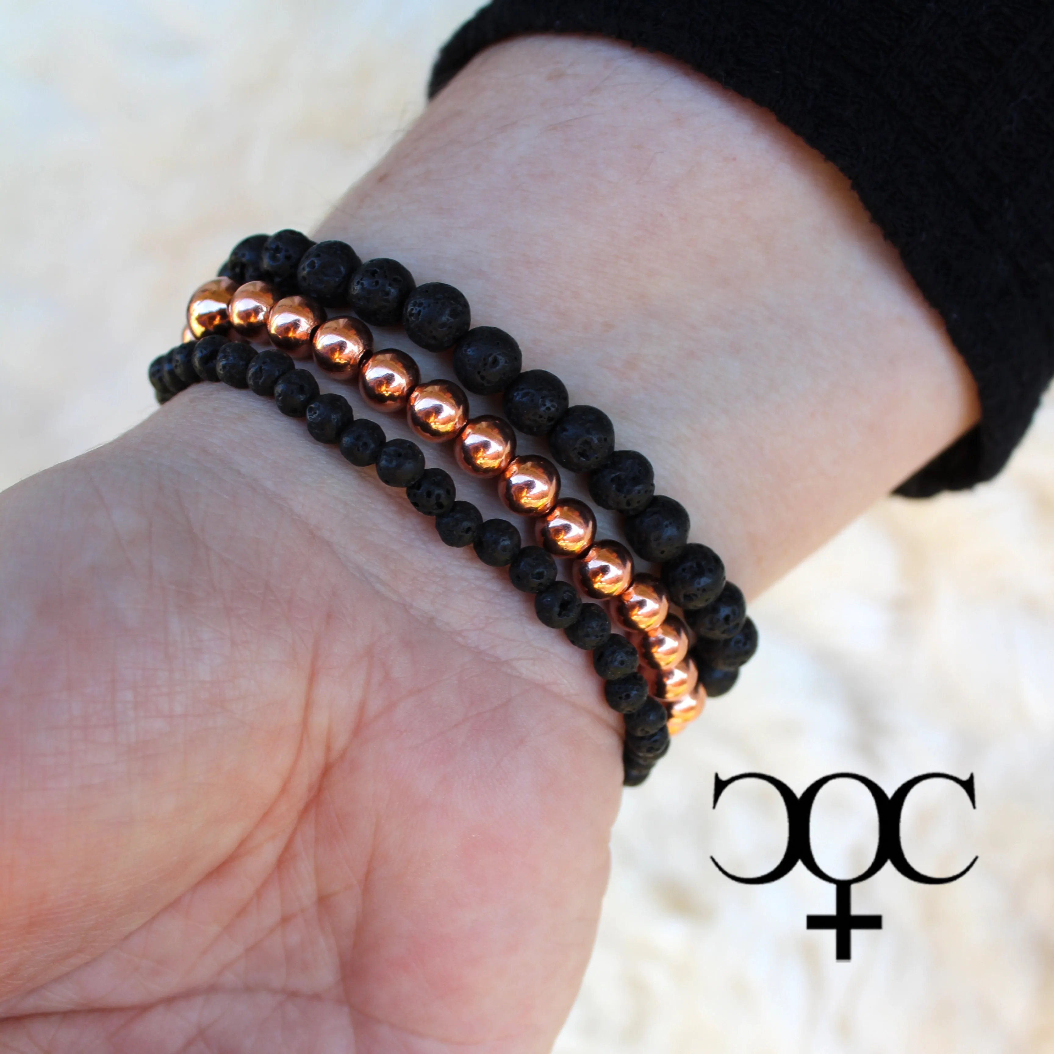 Lava Rock Copper Bracelet Set Round Beaded Elastic Grounding Hematite Copper Bracelets 3 Piece Set