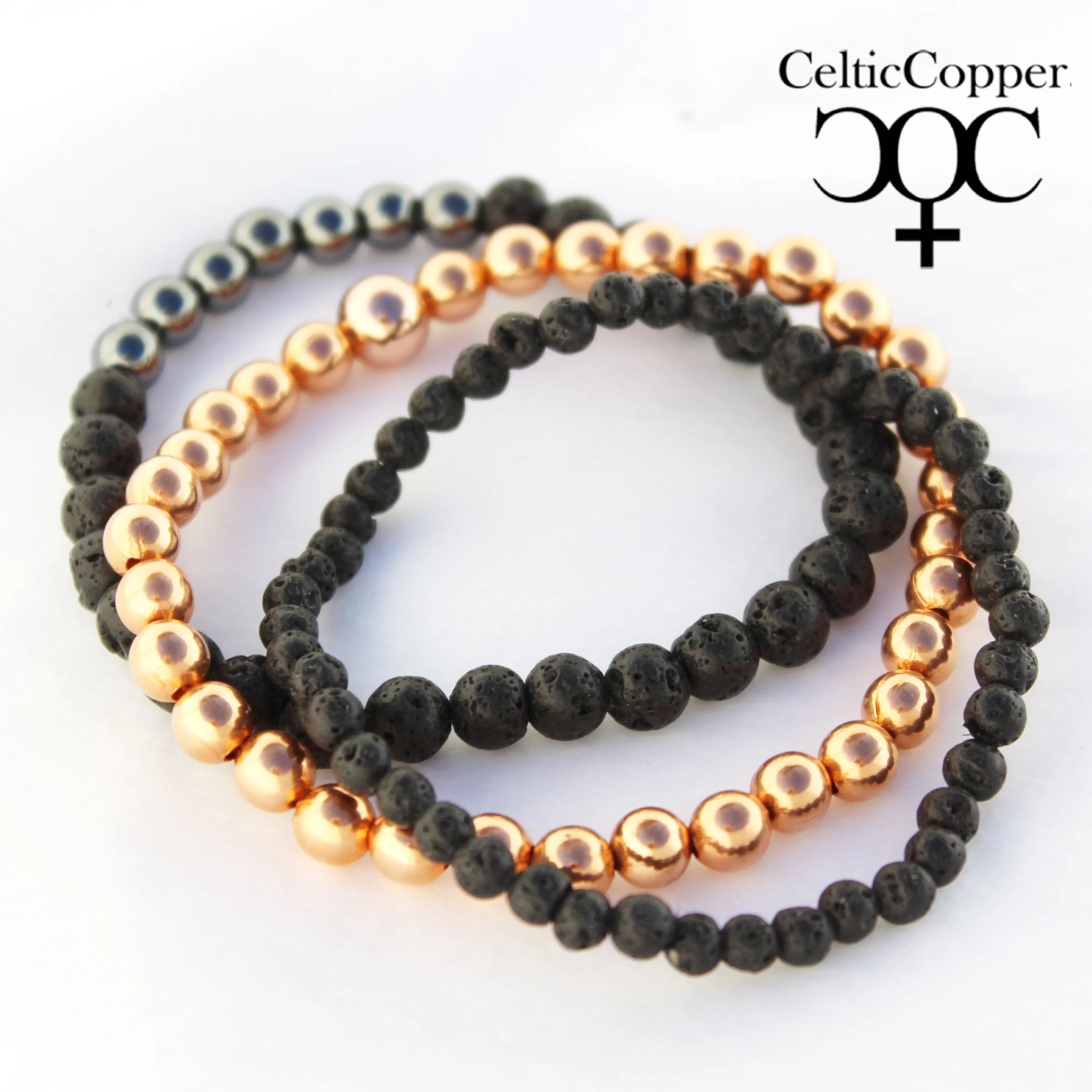 Lava Rock Copper Bracelet Set Round Beaded Elastic Grounding Hematite Copper Bracelets 3 Piece Set