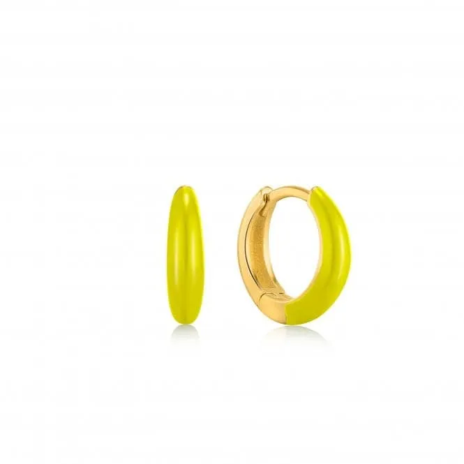 Neon Yellow Enamel Gold Sleek Huggie Hoop Earrings E040-02G-NY