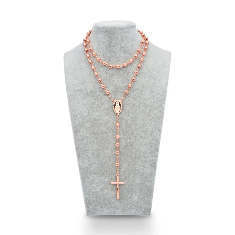 NEW Catholic Virgen de Guadalupe Rose Gold Plated Rosary Necklace 6mm*6mm Beads Crucifix Cross Pendant