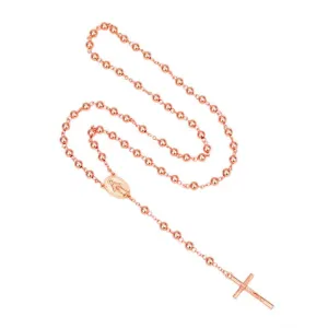 NEW Catholic Virgen de Guadalupe Rose Gold Plated Rosary Necklace 6mm*6mm Beads Crucifix Cross Pendant