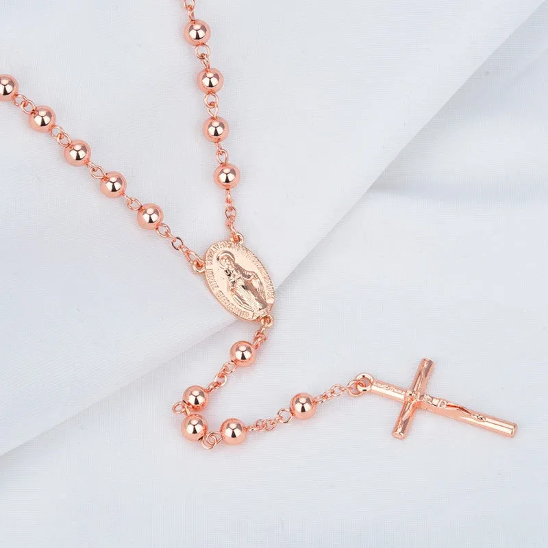 NEW Catholic Virgen de Guadalupe Rose Gold Plated Rosary Necklace 6mm*6mm Beads Crucifix Cross Pendant