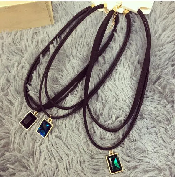 New Fashion Multilayer Black Imitation Leather Choker Necklace Gothic Chain Charm Gem Pendant Vintage Jewelry