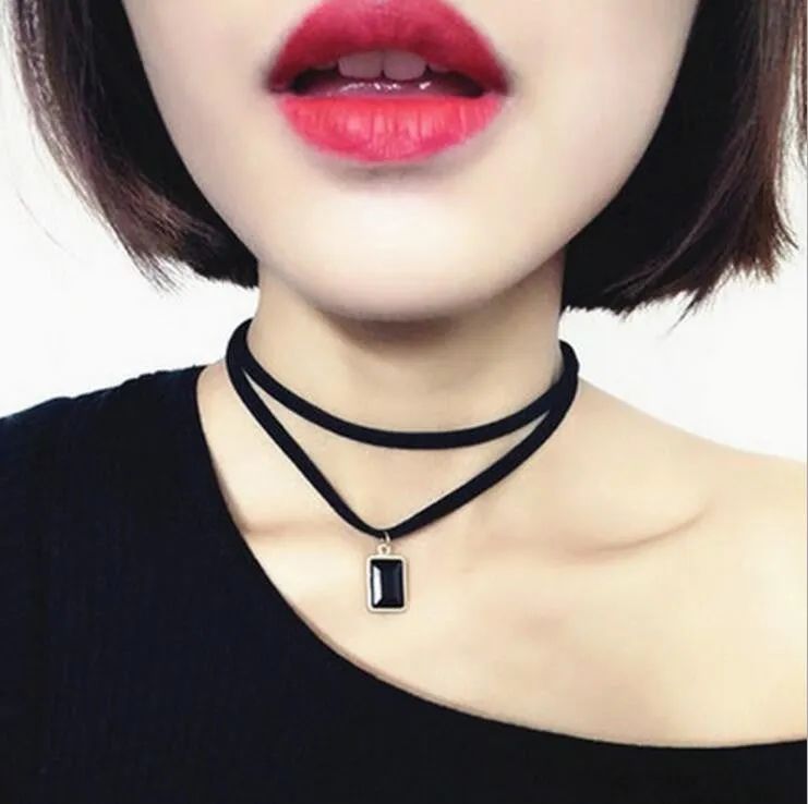 New Fashion Multilayer Black Imitation Leather Choker Necklace Gothic Chain Charm Gem Pendant Vintage Jewelry