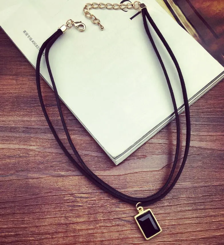 New Fashion Multilayer Black Imitation Leather Choker Necklace Gothic Chain Charm Gem Pendant Vintage Jewelry