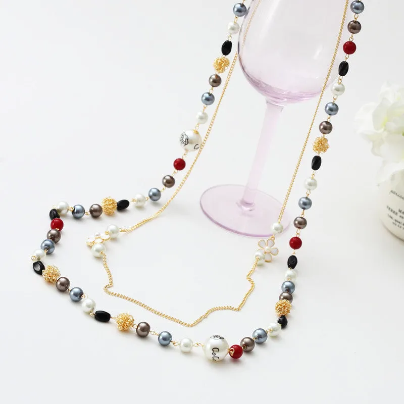 New Koran Style Colorful Beads Fashion Simulated Pearl Jewelry Long Flower Necklace For Women Sweater Chain