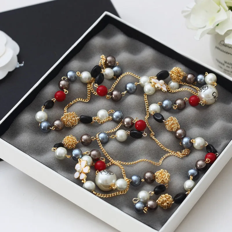 New Koran Style Colorful Beads Fashion Simulated Pearl Jewelry Long Flower Necklace For Women Sweater Chain