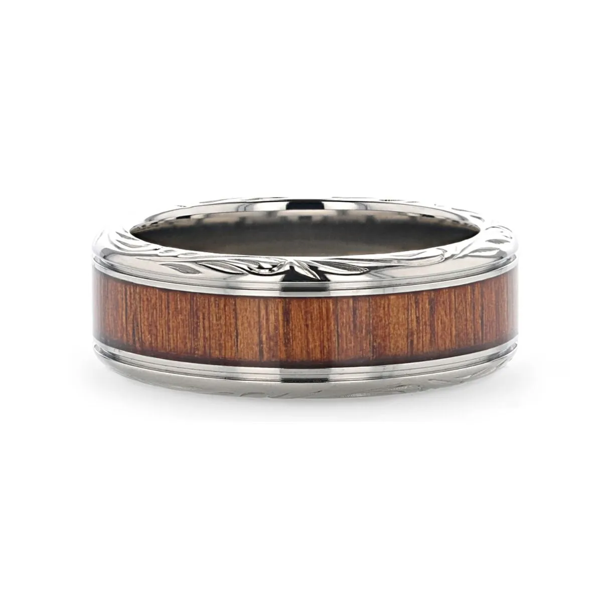 OHANA | Silver Titanium Ring, Koa Wood Inlay, Stepped Edge