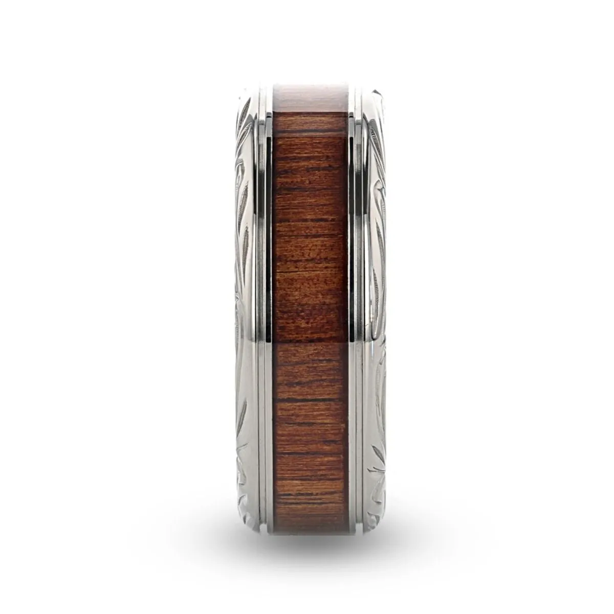 OHANA | Silver Titanium Ring, Koa Wood Inlay, Stepped Edge